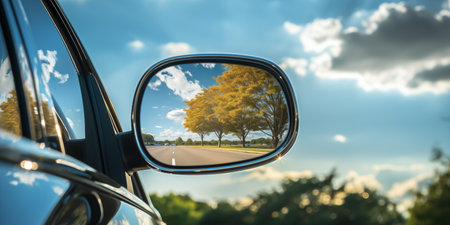 View of the sky from a car window. A large car side mirror floating in the air while the sun is shining and the sky is clear. The car side mirror is not attached to a car and is just floating by itself.の素材