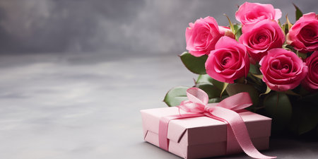 A beautiful bouquet of pink roses next to a gift box with a pink ribbon on a soft grey background.の素材
