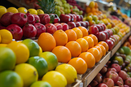 Colorful array of fresh fruits arranged neatly on a market stall, highlighting healthy choices.の素材