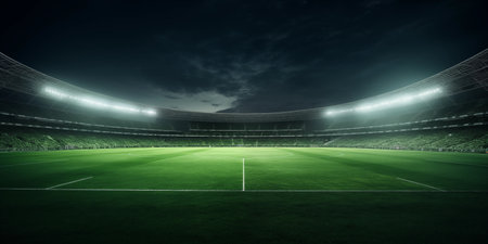 An empty soccer stadium lit up at night with a lush green pitch under a dramatic evening sky.の素材