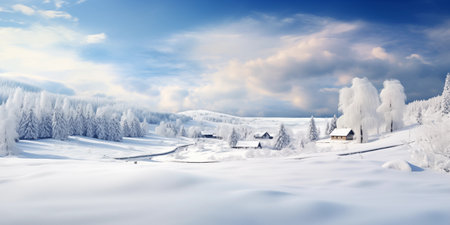 Idyllic snowy landscape with frosted trees, cozy cottages, and a clear view of the serene winter sky.の素材
