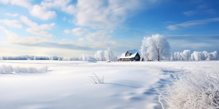 Idyllic snowy landscape with frosted trees, cozy cottages, and a clear view of the serene winter sky.の素材