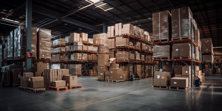 A spacious warehouse interior stacked with boxes and pallets, showcasing organized logistics and storage solutions.の素材