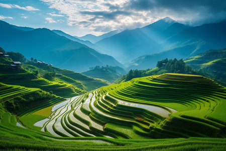 Sun rays piercing through the peaks onto the lush terraced rice paddies in a majestic mountainous landscape during early morning.の素材