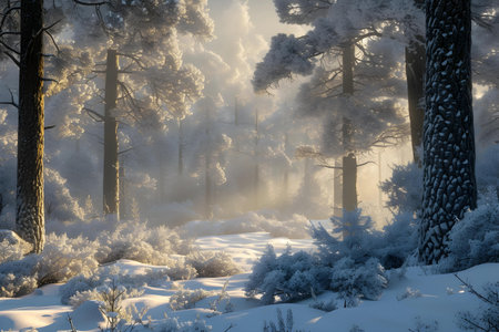 Winter in the forest. Frosty morning in the coniferous forest.の素材