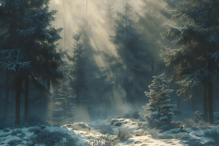 Sunlight filters through the dense pine trees of a winter forest, casting golden rays upon the snowy underbrush and highlighting the serene beauty of the tranquil woodland landscape in the early morning.の素材