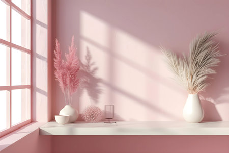 Modern minimalist interior featuring elegant dry plants in white vases, spherical decor, and a candle holder on a shelf, bathed in soft pink hues from the sunlight through the window.の素材