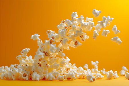 Dramatic explosion of popcorn kernels captured in mid-air against a vibrant yellow background, illustrating motion and snack time fun.の素材