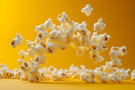 Dramatic explosion of popcorn kernels captured in mid-air against a vibrant yellow background, illustrating motion and snack time fun.の素材