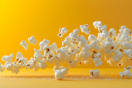 Dramatic explosion of popcorn kernels captured in mid-air against a vibrant yellow background, illustrating motion and snack time fun.の素材