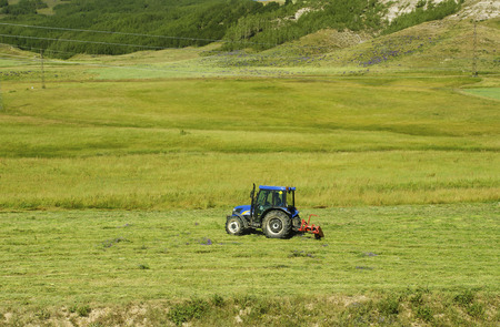 tractor cultivating fieldの写真素材