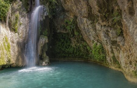Blue stream waterfall in Kanjanaburi Thailand (Erawan waterfall national park)の写真素材