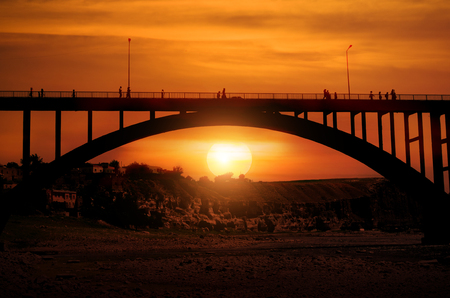 Famous U Bein bridge and people at sunsetの写真素材