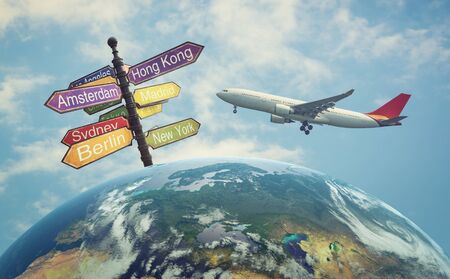 Directional Cities and airplane over the worldの写真素材