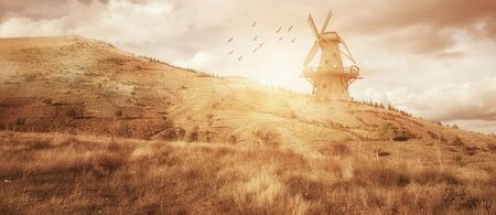 Beautiful panaroma windmill farm landscape. Agriculture concept.の写真素材
