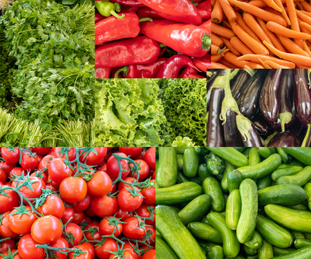 Collage of different grocery markets full of vegetables.の写真素材