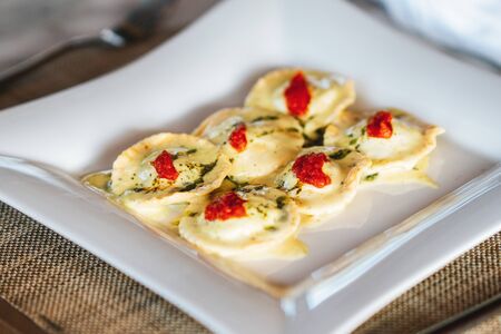 A delicious ravioli is served in a elegance restaurant or hotel.の写真素材