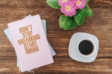 closeup of reading self improvement books with nice decoration. Learning postive motivation cocept