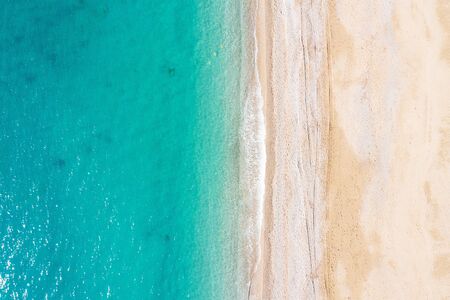 Aerial view of turquoise sea waves and sandy beach, Turkey, Antalyaの写真素材