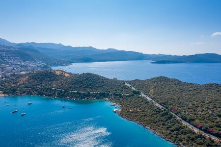 An aerial view of the bay of Kas in Antalya Turkey. Sea and mountains with an open skyの写真素材