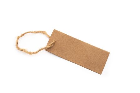 Price, discount or information tag on recycled paper with a hanging string. isolated on white