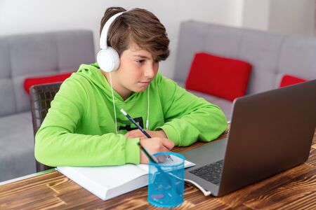 Young boy is studying in front of the laptop. E learning, study at home online