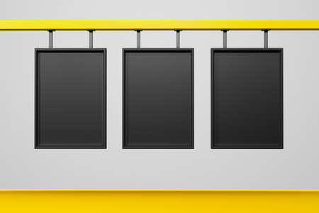 3D rendering of three black information bord or display hanging isolated on white background. High...