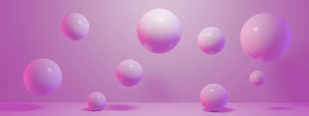 3D render of different size pink spheres on pink surface and background. 3D render pattern concept. High quality 3d illustrationの写真素材