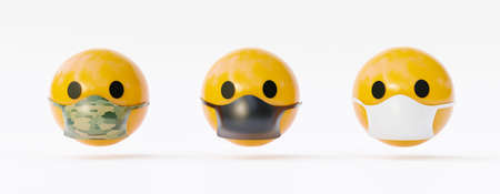 Yellow and face shape emoticons, showing the importance of wearing mask because of Covid 19. Epidemic concept.3d renderingの写真素材