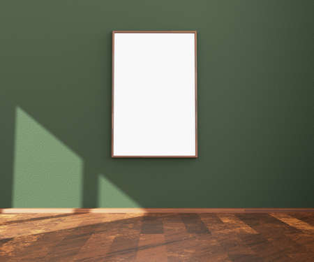 Empty hanging picture or poster frame on a white wall for mock up. 3D illustration.の写真素材