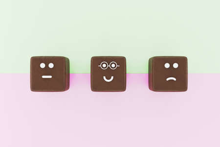 3D illustration of 3 cube shape face emoticons for a survey. Marketing and client satisfation concept. High quality 3d illustrationの写真素材
