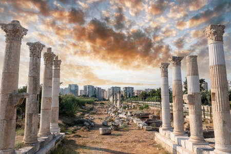 Temple pillars and ancient ruins. Soli Pompeipolis ancient city in Mersin, Turkey. High quality...