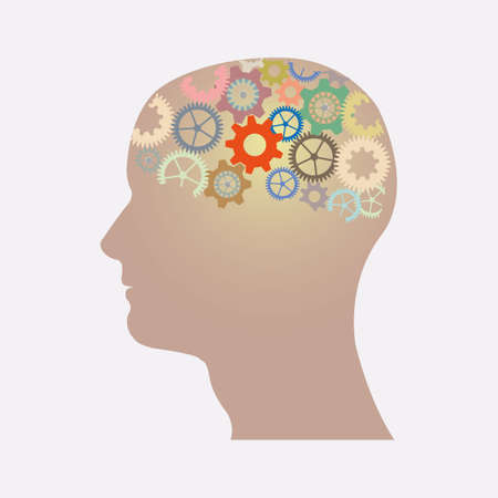 Vector illustration of colorful gearwheels in head. The work mechanism in brain. Vector illustration