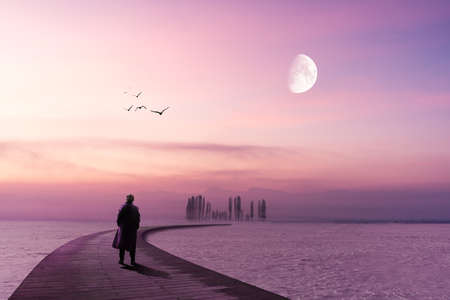 A lonely man is standing on a wooden pier and looking to the horizon with lilac sky and moon. High...