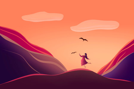 illustration of a girl is wandering in the nature. silhouette of young female in the mountains against the sunset. High quality illustrationの写真素材