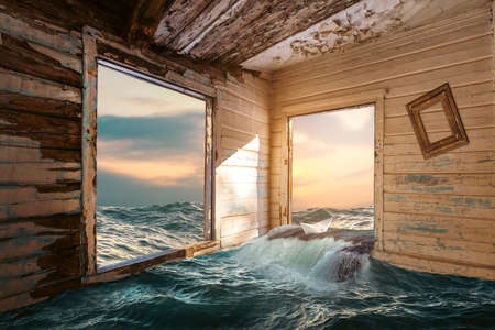 An old abandoned wooden Hut on sea. Unrealistic fantasy and nature concept. High quality photoの写真素材