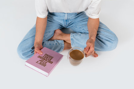 Woman reading book on white background. High quality photo