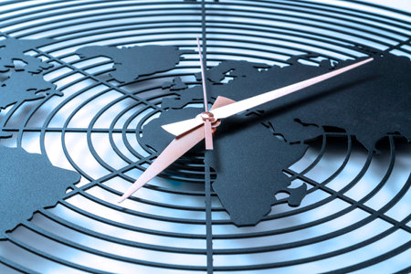 World map shaped wall clock, Time concept background. High quality photoの写真素材