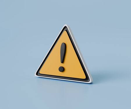 Triangle warning sign on blue background. 3d illustrationの写真素材