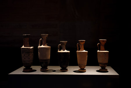 Many antique historical jug pottery made of clay. High quality photo
