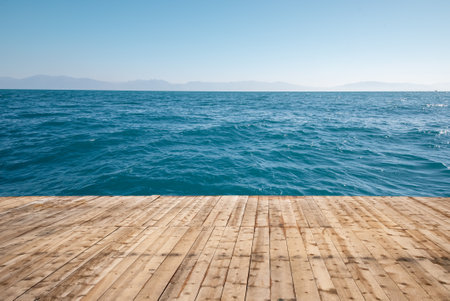 Wooden flloor on pier with blue sea. . High quality photoの写真素材