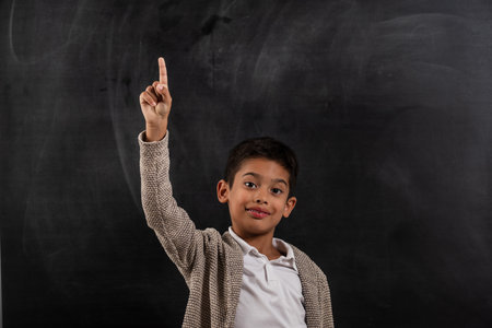 School child is raising his hands in the classroom. High quality photoの写真素材