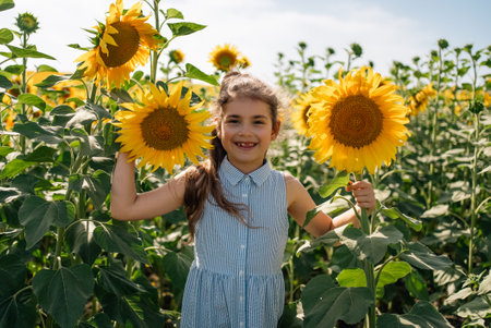 Beautiful little girl in yellow garden of sunflowers. High quality photoの写真素材