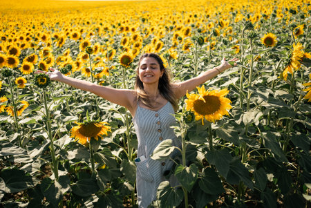 Happy woman arms raised and enjoying in sunflower field. High quality photoの写真素材
