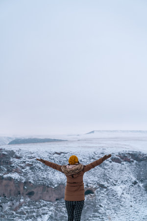 Traveller woman raise her arms against snowy canyon. High quality photoの写真素材