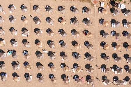 Aerial view to a sandy beach and sunshade with sunumbrellas.