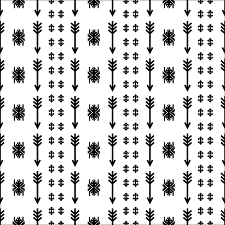 Seamless Indian pattern vector arrows and USA Native American type geometric ornaments and elements black and white background design retro vintage bohemian boho style iconのイラスト素材