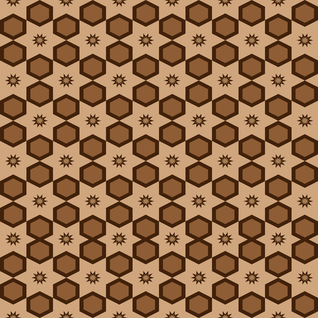 Seamless geometric arabesque Arabic oriental pattern vector traditional ethnic background design with brown hexagons ethnic star ornaments and beige backdropのイラスト素材
