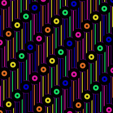 Vintage retro geometric pattern design vector abstract background with colorful stripes and record like circle shapes and dotsのイラスト素材