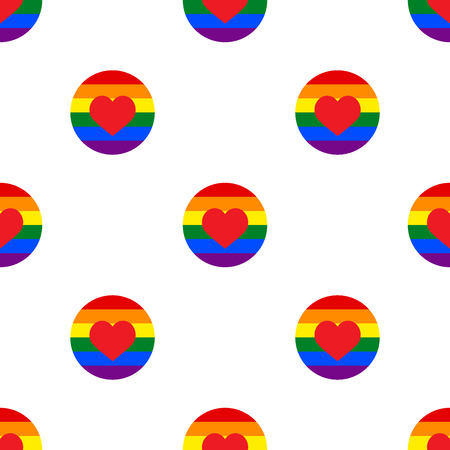 Seamless geometric polka dots pattern vector background abstract colorful vintage retro design art with gay parade rainbow colored circles and red hearts yellow orange green purple blue whiteのイラスト素材